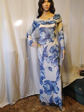 Premier Amour | White Blue Floral Cowl Neck Maxi Dress | Size 8 | NWT | $79 Reta